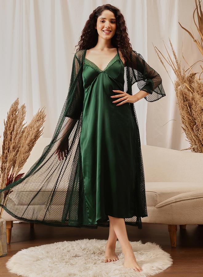 Clovia Pack of 2 - Lace Trim Satin Robe and Slip Dress - Image 2